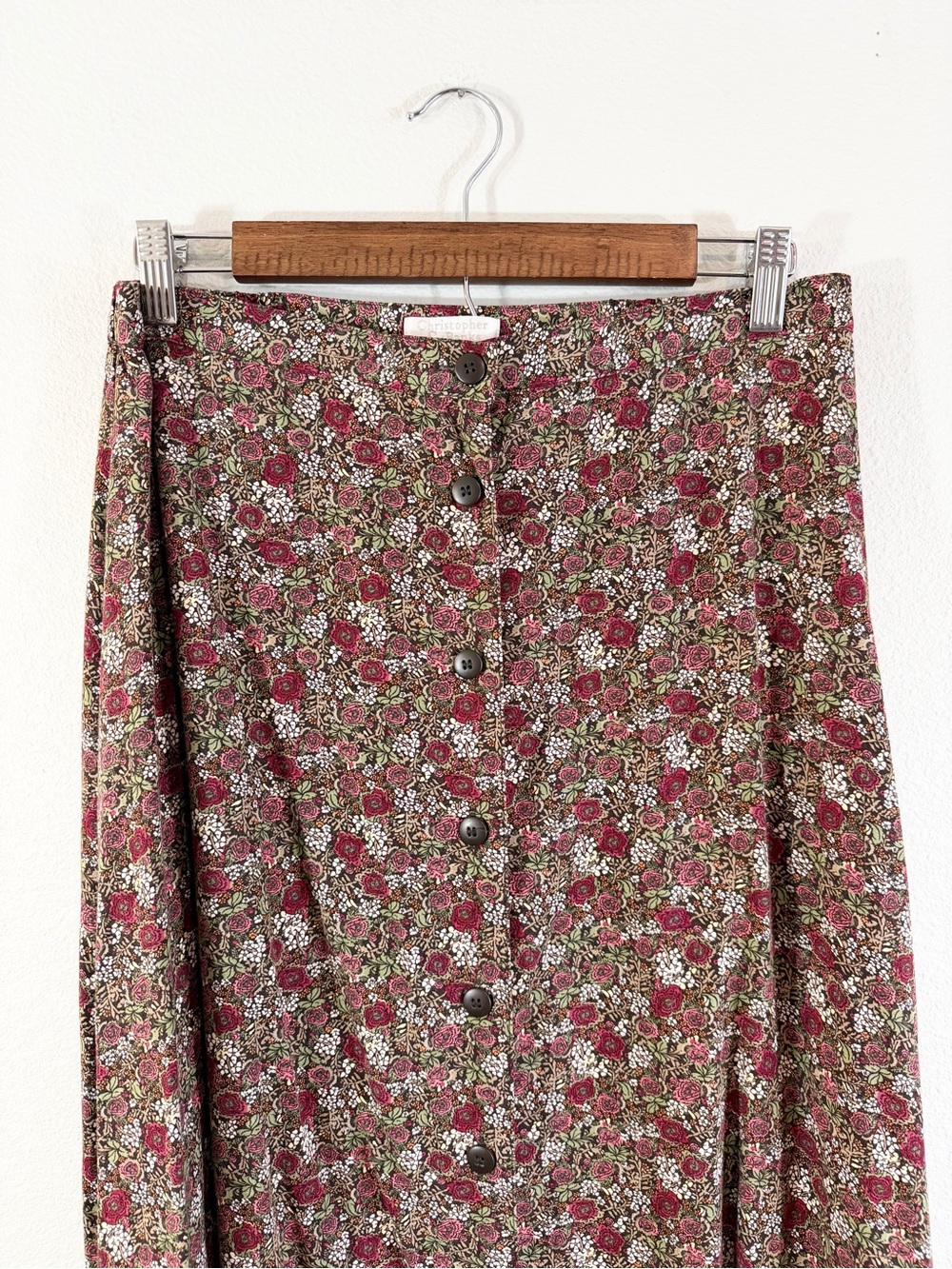 Christopher & Banks Midi Skirt Size 10 Button Front Black Red Floral Modest - Picture 2 of 8